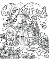 Mushroom house from a watering can among flowers outline illustration for coloring book
