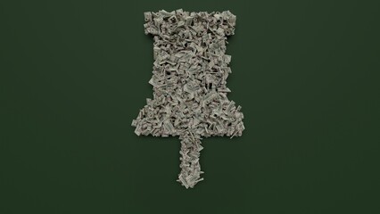 3d rendering of dollar cash rolls and stacks in shape of symbol of mark on green background