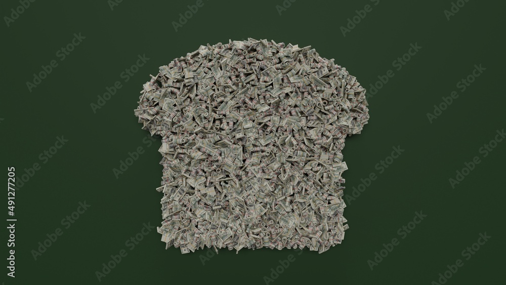 Poster 3d rendering of dollar cash rolls and stacks in shape of symbol of bread slice on green background