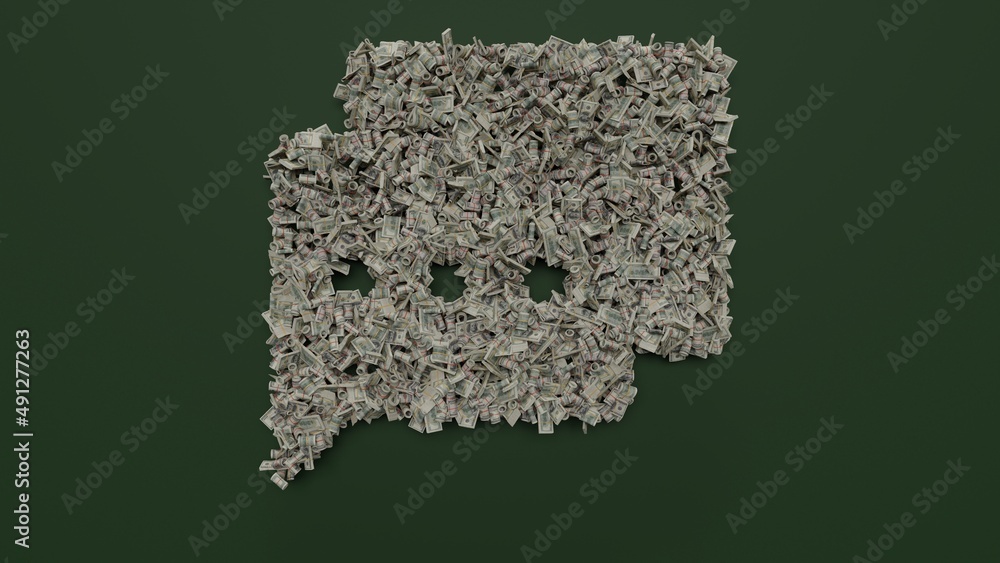 Poster 3d rendering of dollar cash rolls and stacks in shape of symbol of two rounded chat bubbles on green