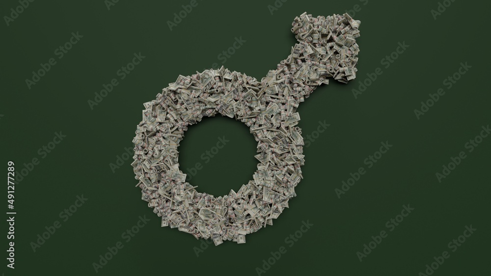 Aufkleber 3d rendering of dollar cash rolls and stacks in shape of symbol of mars on green background