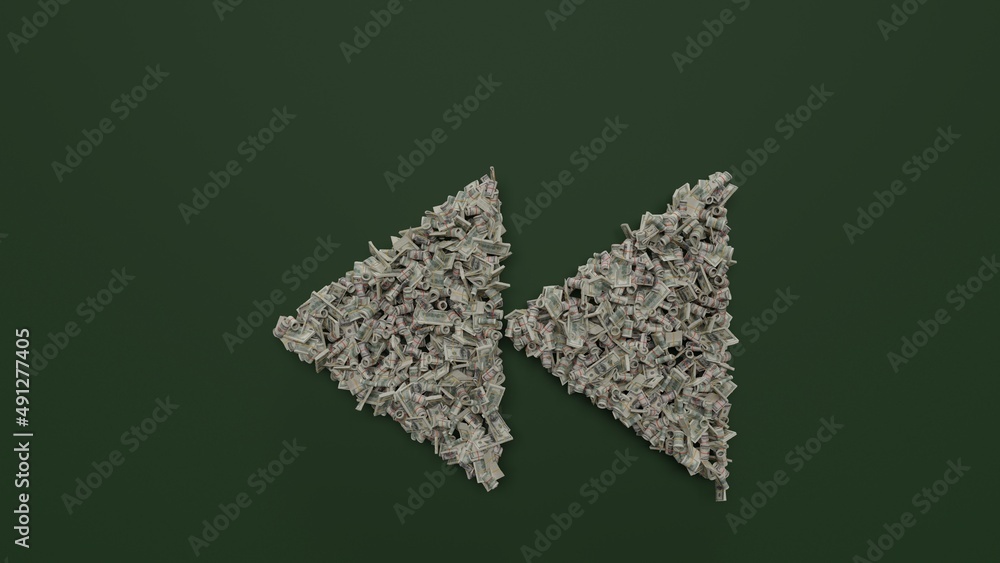 Poster 3d rendering of dollar cash rolls and stacks in shape of symbol of double left arrows on green backg