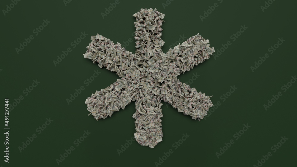 Poster 3d rendering of dollar cash rolls and stacks in shape of symbol of asterisk on green background