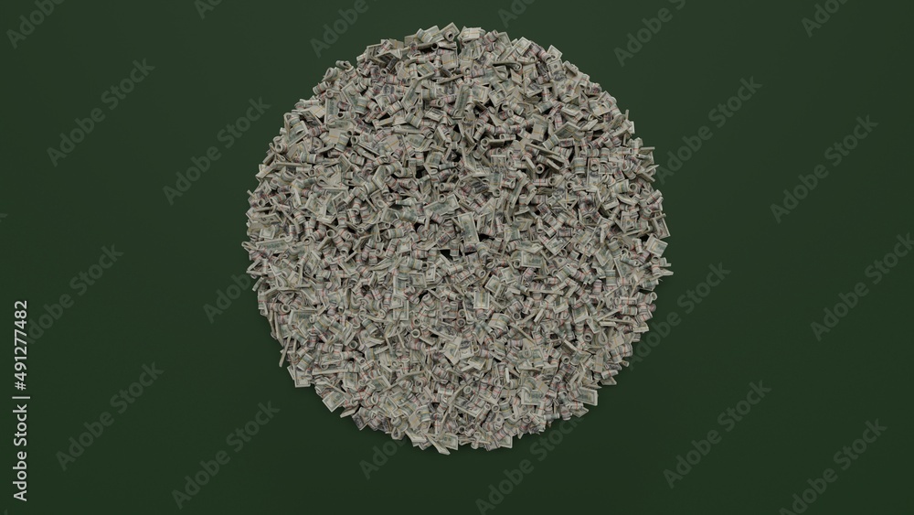 Poster 3d rendering of dollar cash rolls and stacks in shape of symbol of stopwatch on green background
