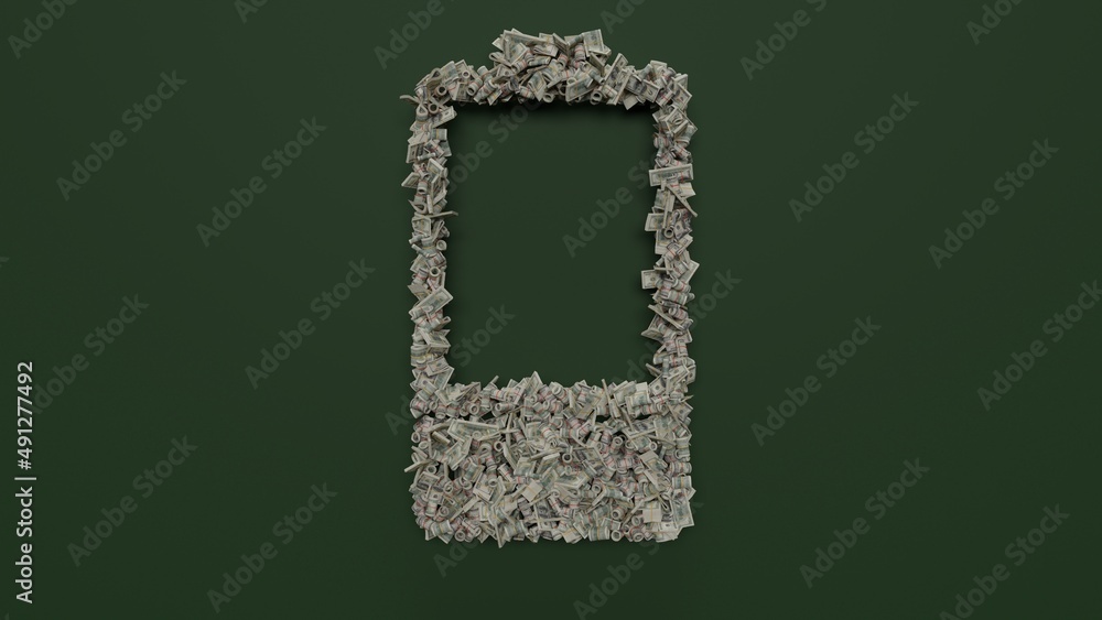 Poster 3d rendering of dollar cash rolls and stacks in shape of vertical symbol of one third charged batter