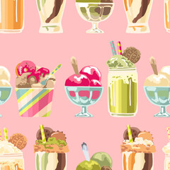 241_creamy dessert in a jar and glass_ice cream, cocktail, set of desserts on a pink background, seamless pattern