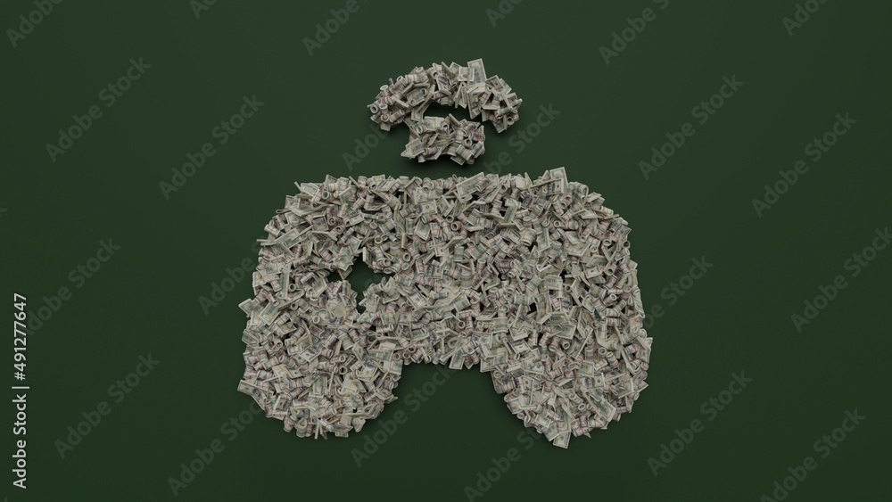 Poster 3d rendering of dollar cash rolls and stacks in shape of symbol of gamepad on green background