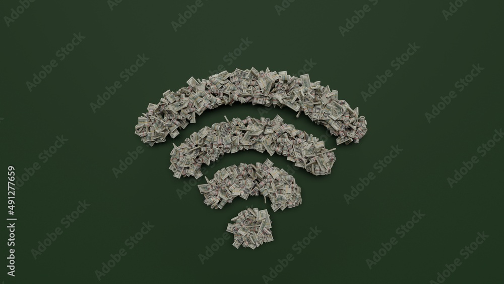 Poster 3d rendering of dollar cash rolls and stacks in shape of symbol of wi-fi 1 on green background