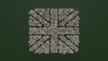 3d rendering of dollar cash rolls and stacks in shape of symbol of united kingdom on green background