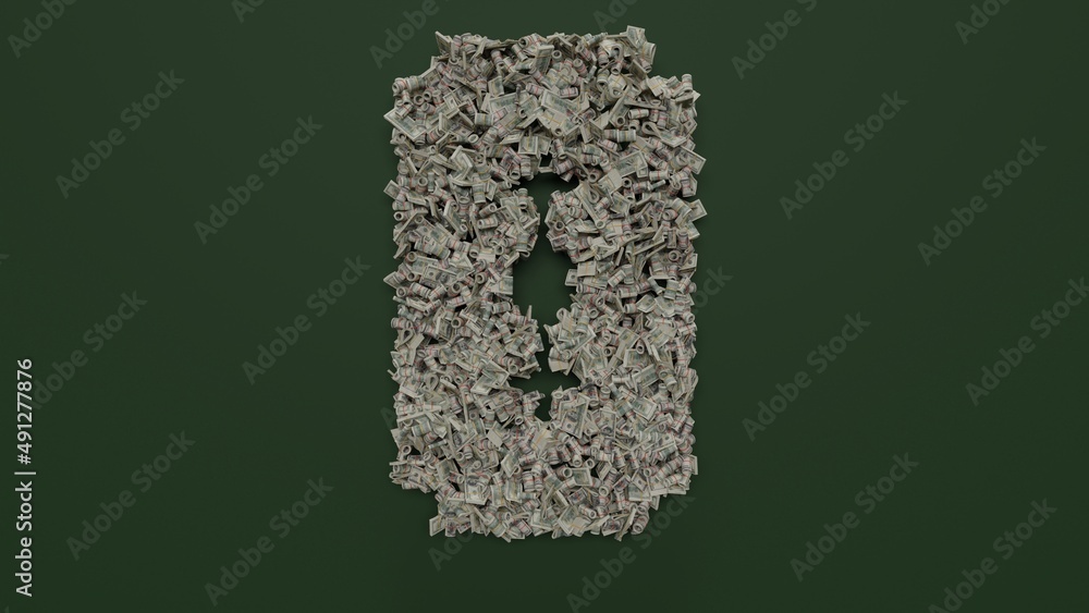 Poster 3d rendering of dollar cash rolls and stacks in shape of symbol of blade on green background