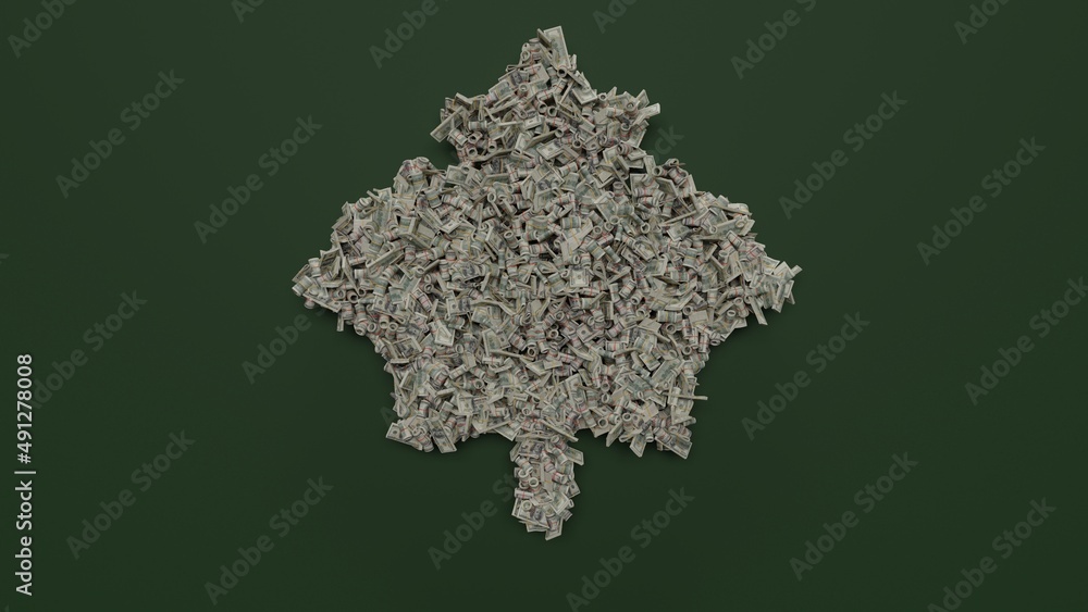 Poster 3d rendering of dollar cash rolls and stacks in shape of symbol of maple leaf on green background