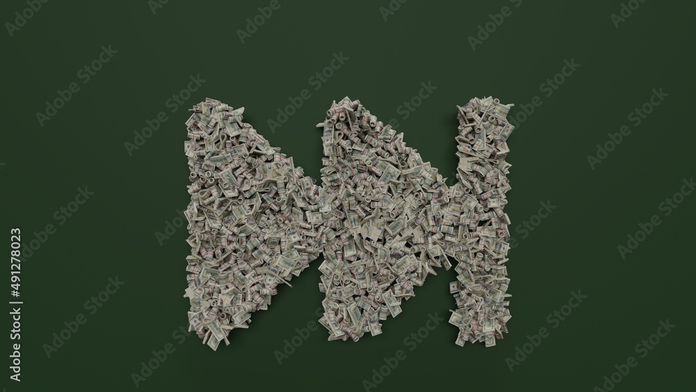 Poster 3d rendering of dollar cash rolls and stacks in shape of symbol of fast forward on green background