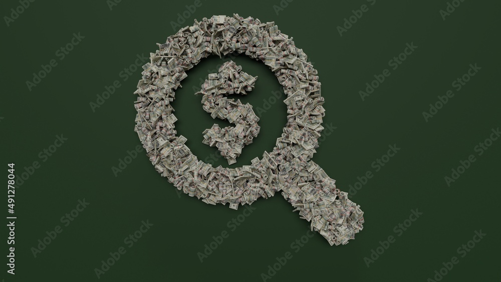Poster 3d rendering of dollar cash rolls and stacks in shape of symbol of search dollar on green background
