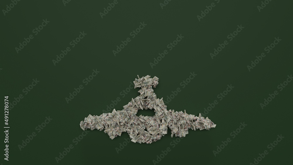 Poster 3d rendering of dollar cash rolls and stacks in shape of symbol of airplane front view on green back