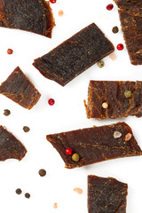 Beef jerky isolated on white background. Dried meat.