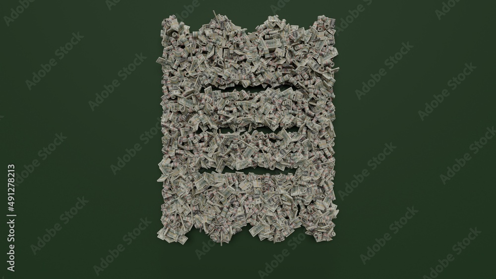 Poster 3d rendering of dollar cash rolls and stacks in shape of symbol of receipt on green background