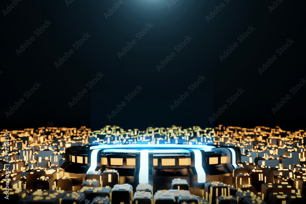 Poster 3d rendering sci-fi empty podium with yellow and light blue neon light for product display.