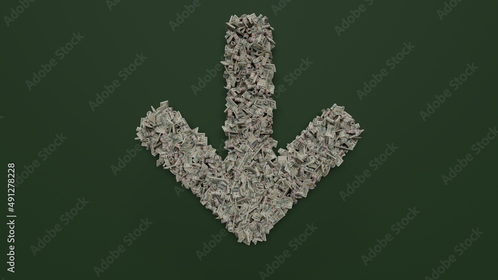 Poster 3d rendering of dollar cash rolls and stacks in shape of symbol of arrow down on green background