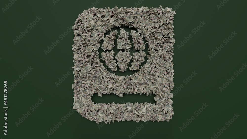 Poster 3d rendering of dollar cash rolls and stacks in shape of symbol of atlas on green background