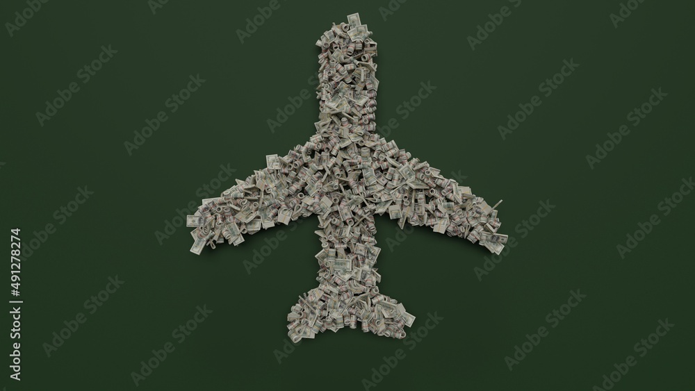 Poster 3d rendering of dollar cash rolls and stacks in shape of symbol of flight on green background