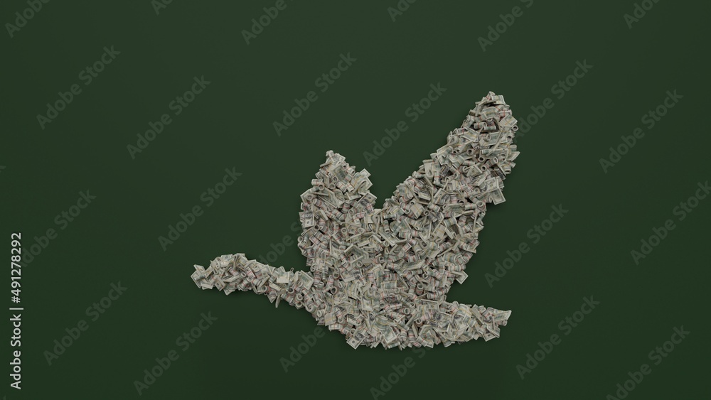 Poster 3d rendering of dollar cash rolls and stacks in shape of symbol of goose on green background