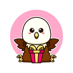 happy bald eagle and gift box adorable cartoon doodle vector illustration flat design style