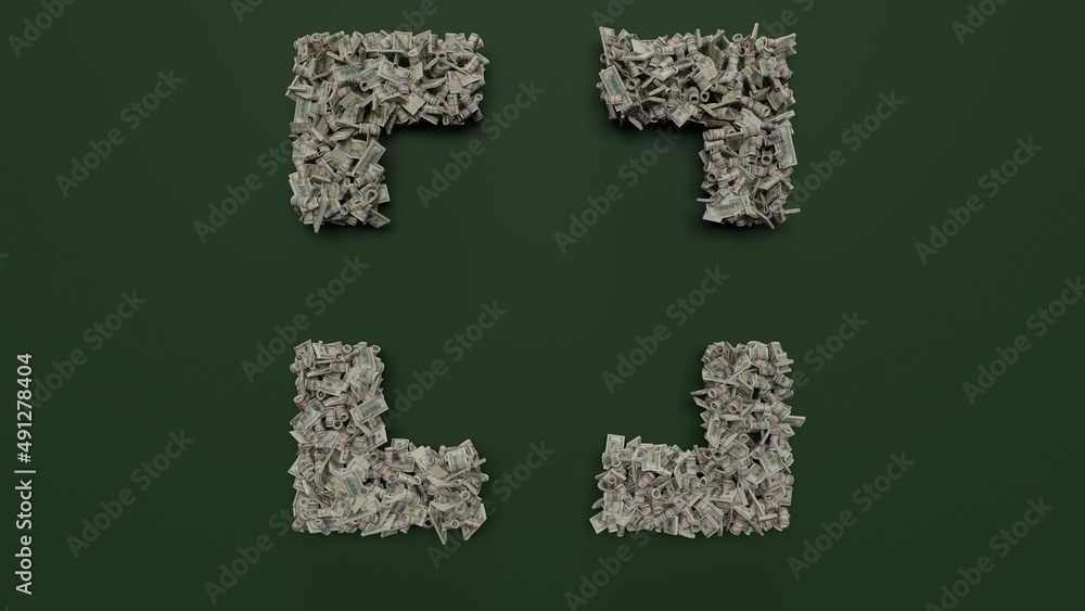 Aufkleber 3d rendering of dollar cash rolls and stacks in shape of symbol of interface on green background