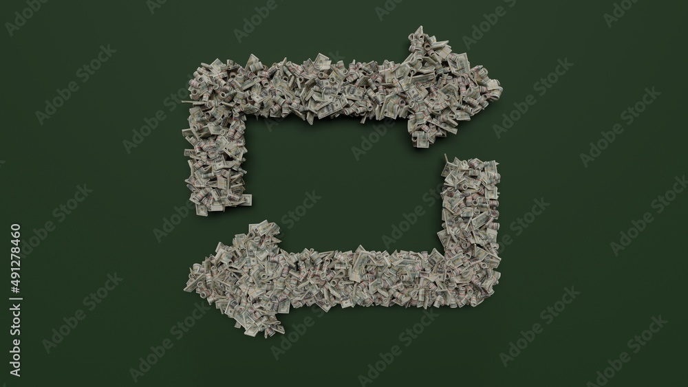 Poster 3d rendering of dollar cash rolls and stacks in shape of symbol of repeat on green background