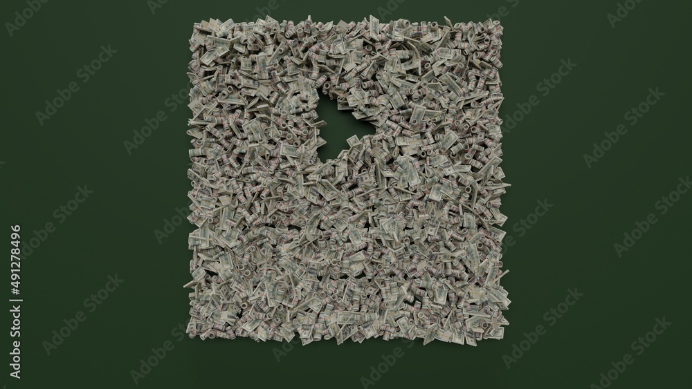 Poster 3d rendering of dollar cash rolls and stacks in shape of symbol of video player on green background