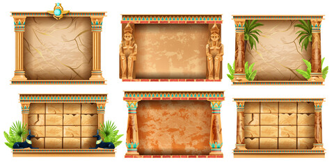 Egypt game frame vector set, stone ancient UI background kit, Egyptian clay pillar, pharaoh statue. Texture menu panel, old civilization architecture object, temple column. Egypt frame, Anubis