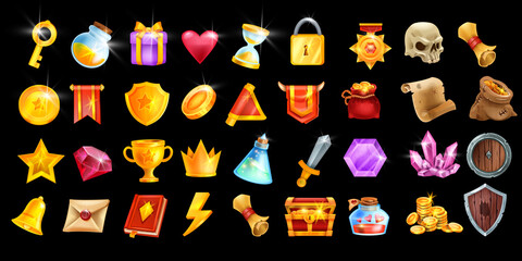 Game icon vector set, RPG UI winner badge kit, casino slot gambling machine objects, golden coin, crown. Medieval fantasy design elements, victory level up trophy, magic potion. Game icon collection © Oleksandra