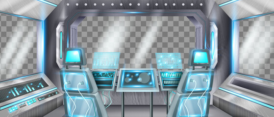 Spaceship cockpit vector background, space shuttle futuristic interior, rocket crew cabin view, window. Astronaut pilot chair, control panel neon lamps, transparent background. Spaceship cockpit game © Oleksandra