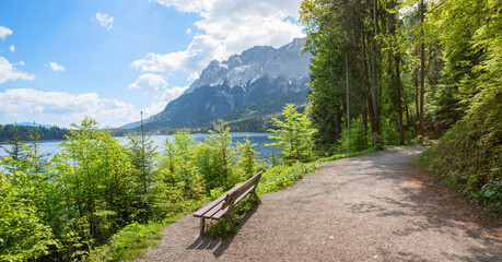 walkway around lake Eibsee, bavarian tourist resort, Zugspitze mountain