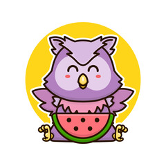 happy owl bird eat watermelon fruit adorable cartoon doodle vector illustration flat design style