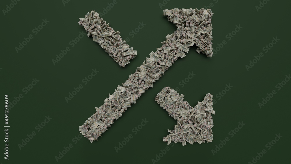 Poster 3d rendering of dollar cash rolls and stacks in shape of symbol of diagonal arrows on green backgrou