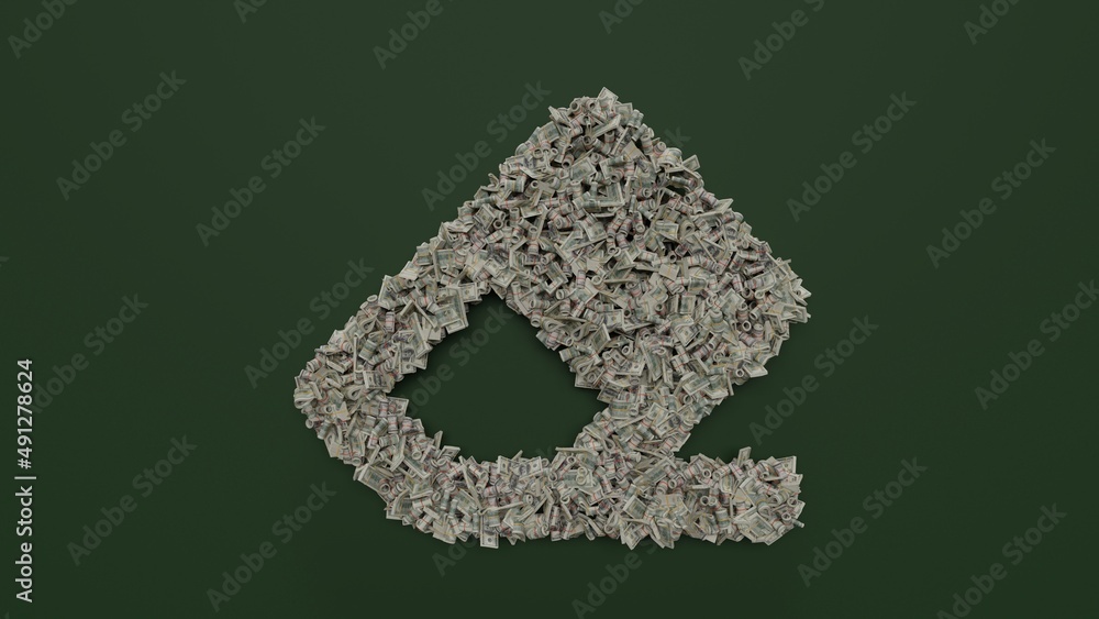 Poster 3d rendering of dollar cash rolls and stacks in shape of symbol of eraser on green background