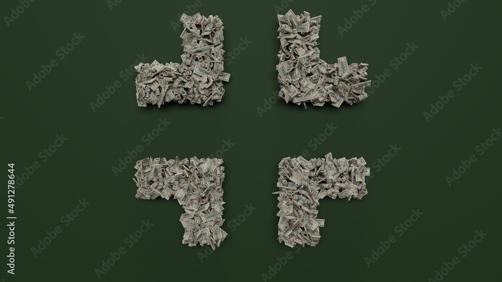 Poster 3d rendering of dollar cash rolls and stacks in shape of symbol of exit on green background
