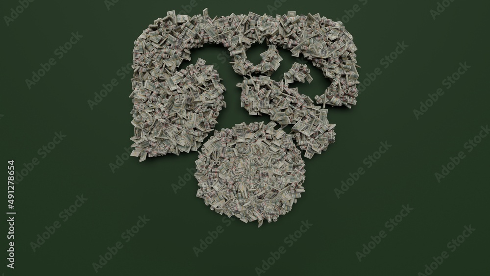 Poster 3d rendering of dollar cash rolls and stacks in shape of symbol of breakfast on green background