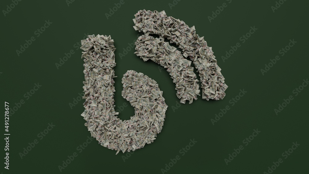 Poster 3d rendering of dollar cash rolls and stacks in shape of symbol of blog on green background