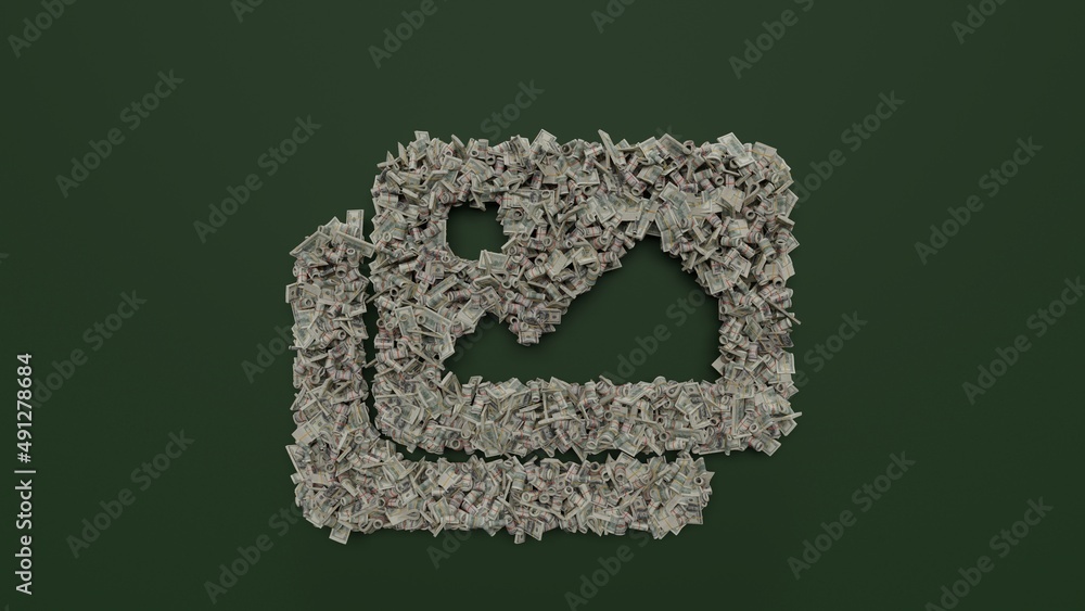 Poster 3d rendering of dollar cash rolls and stacks in shape of symbol of images on green background
