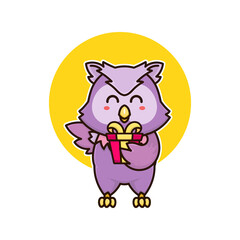 happy owl bird and gift box adorable cartoon doodle vector illustration flat design style
