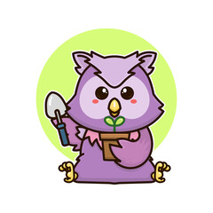 happy owl bird and plant tree nature adorable cartoon doodle vector illustration flat design style