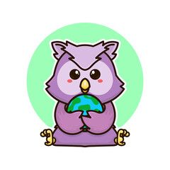 happy owl bird and earth planet adorable cartoon doodle vector illustration flat design style