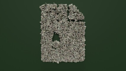 3d rendering of dollar cash rolls and stacks in shape of symbol of file archive on green background