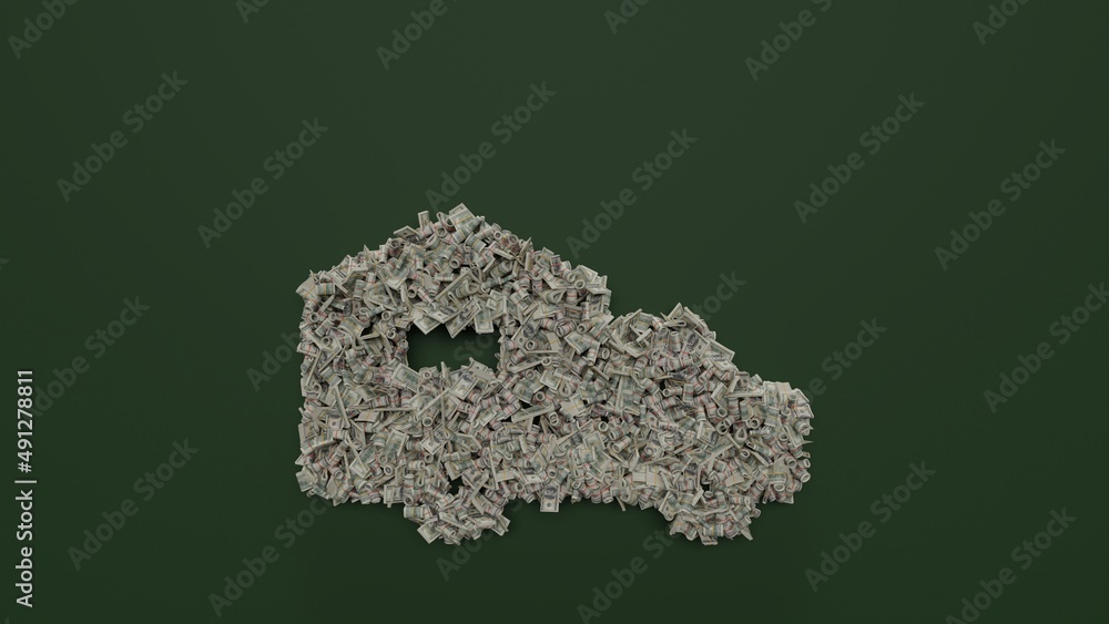Poster 3d rendering of dollar cash rolls and stacks in shape of symbol of moving on green background