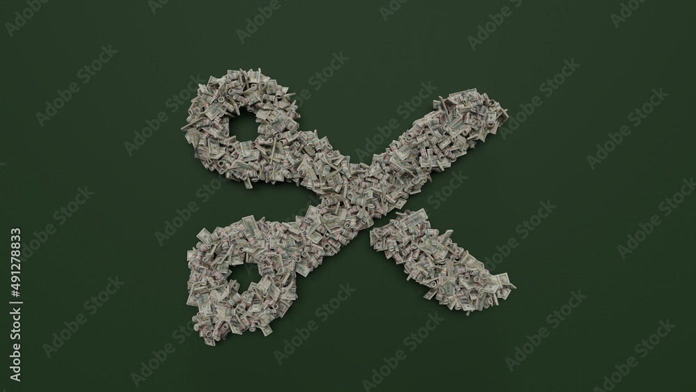 Aufkleber 3d rendering of dollar cash rolls and stacks in shape of symbol of scissors on green background