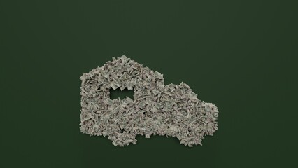 3d rendering of dollar cash rolls and stacks in shape of symbol of moving on green background