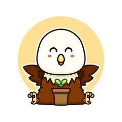 happy bald eagle and plant tree nature adorable cartoon doodle vector illustration flat design style