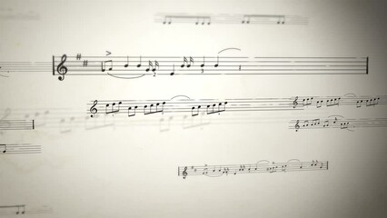 Camera moving over vintage sheet of music showing notes. Background animation