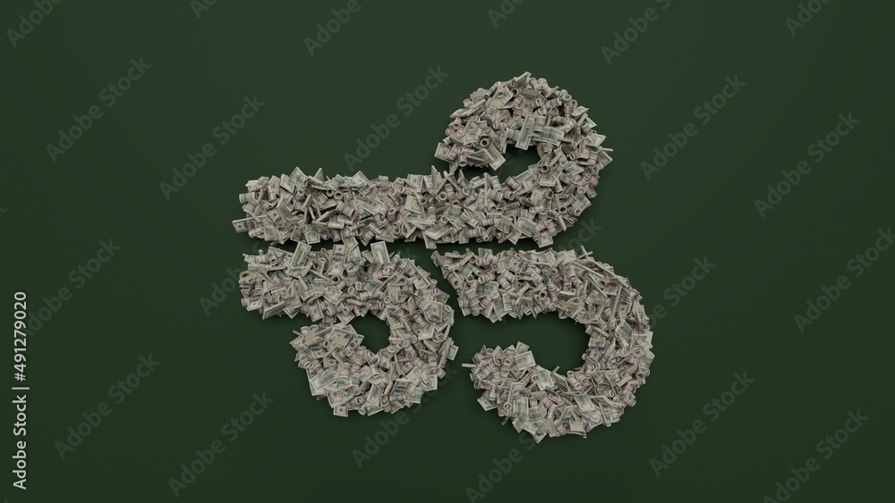Poster 3d rendering of dollar cash rolls and stacks in shape of symbol of wind on green background